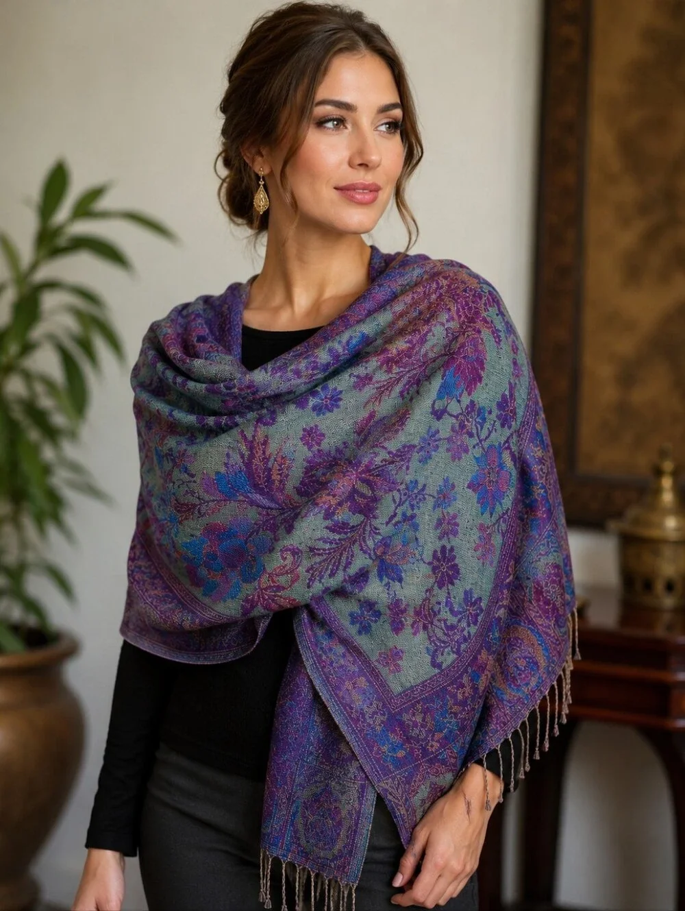 Floral Paisley Jacquard Scarf Wrap Shawl Iridescent Teal Purple Fringe 26.5